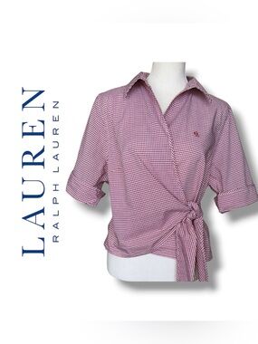 Lauren Ralph Lauren Red & White Gingham Wrap Top Cottagecore Preppy Summertime